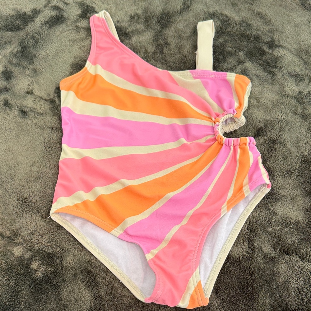Derek Heart Pink, Orange & Cream One-Shoulder Ring-Detail Kids Swimsuit
